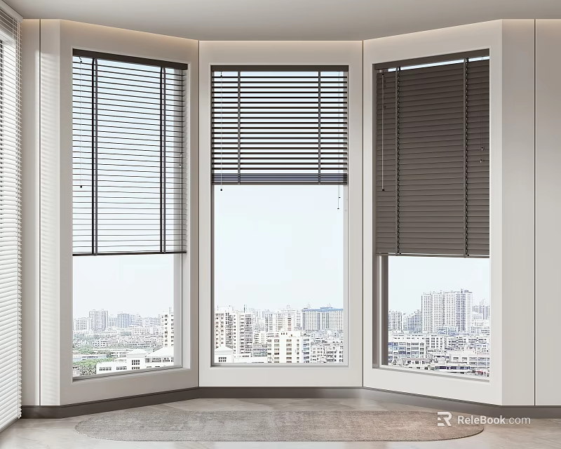 Blinds On Bay Window With City View In Different States 3d model 