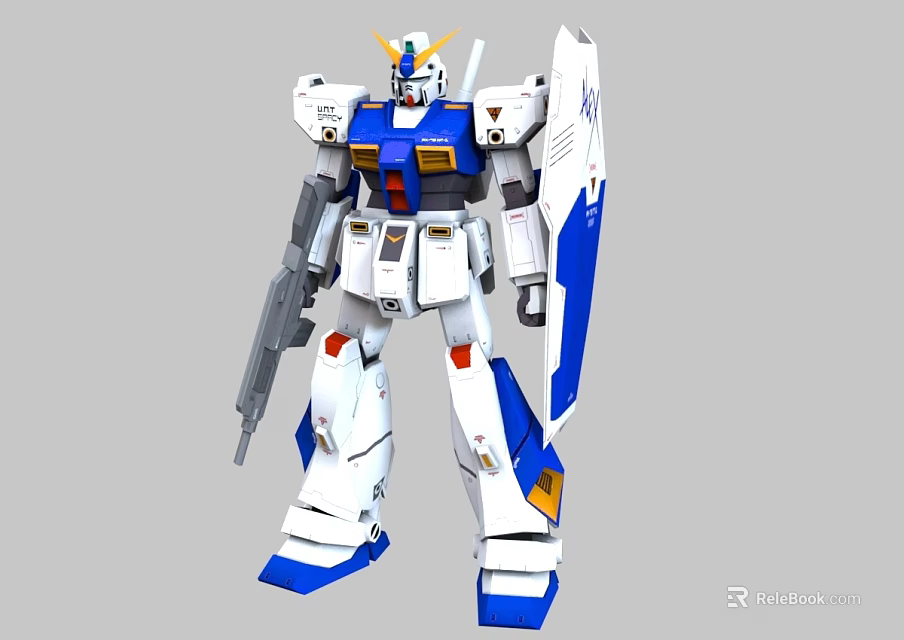 Gundam Anime Game Character with Blue White Color Scheme Yellow Antenna Weapon and Shield 3d model 