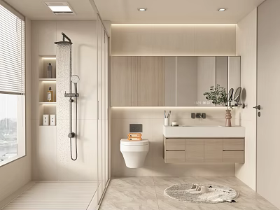 Modern Bathroom Interior With Light Wood Walls Glass Partition Vanity And Plant Decor 3d model