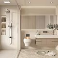 Modern Bathroom Interior With Light Wood Walls Glass Partition Vanity And Plant Decor