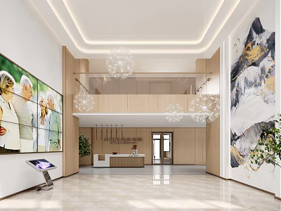 Hospital Outpatient Clinic Lobby With Reception Desk Chandeliers And Art 3d model