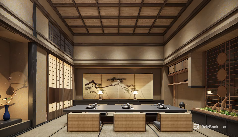 Traditional Japanese Private Room Interior With Wooden Ceiling Tatami Seating And Screen Painting 3d model 
