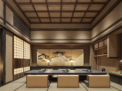 Traditional Japanese Private Room Interior With Wooden Ceiling Tatami Seating And Screen Painting 3d model