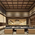 Traditional Japanese Private Room Interior With Wooden Ceiling Tatami Seating And Screen Painting