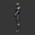 Detailed 3D Robot Character With Blue Brown Armor And Glowing Eyes Standing Pose