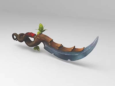 Decorative Curved Blade Weapon With Wooden Handle Red Band And Green Leaves 3d model