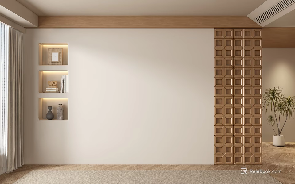 Modern Sofa Backdrop Wall With Wooden Shelves Lattice Panel And Beige Wall Decor 3d model 