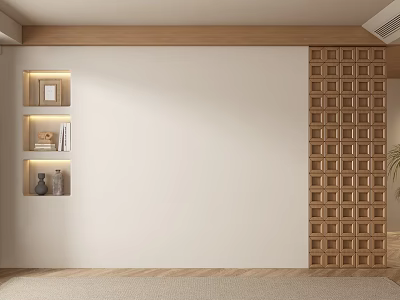 Modern Sofa Backdrop Wall With Wooden Shelves Lattice Panel And Beige Wall Decor 3d model