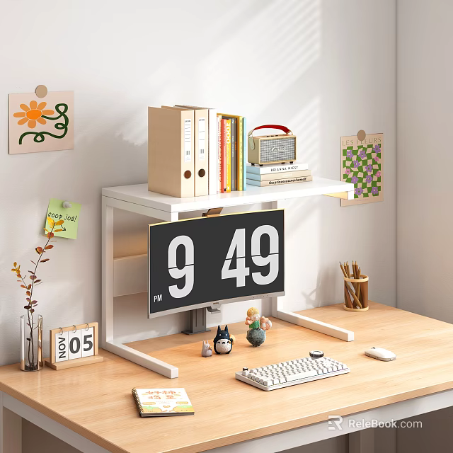 Wooden Desk Setup With Monitor Keyboard Mouse Folders Books Radio And Decorative Wall Art 3d model 