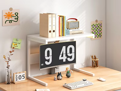 Wooden Desk Setup With Monitor Keyboard Mouse Folders Books Radio And Decorative Wall Art 3d model