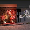 Garden Ornament With Red Firework Shaped Decorations White String Lights Horse Sculpture And Brick Wall