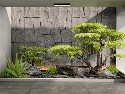 Indoor Landscape With Gray Stone Wall Bonsai Tree Green Plants And Slate Floor 3d model