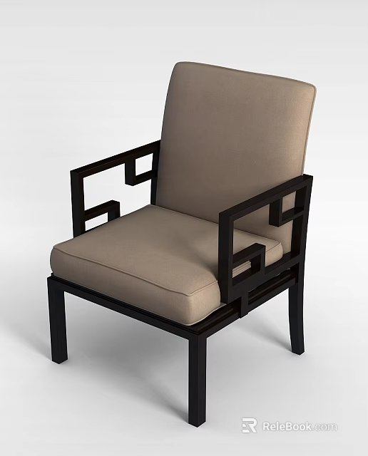 Modern Minimalist Accent Chair With Black Wooden Frame Beige Upholstery And Geometric Armrests 3d model 
