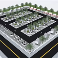 Organized Parking Lot With Gatehouse Parked Cars And Surrounding Trees