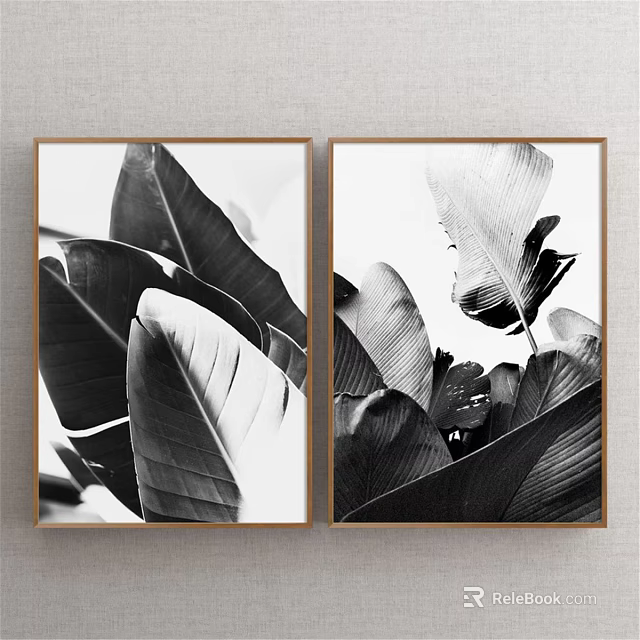 Black And White Botanical Leaf Prints Framed Wall Art Decor 3d model 