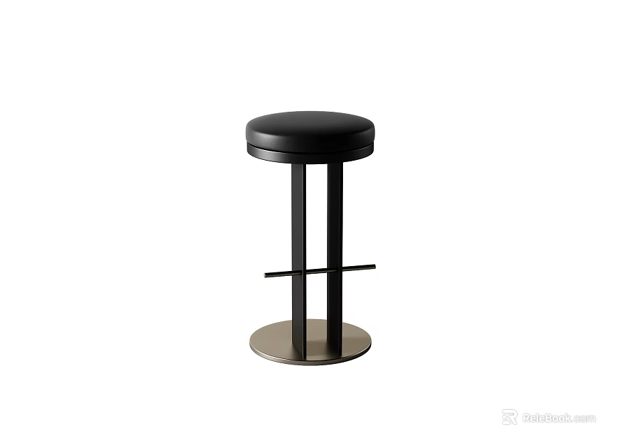 Black Round Seat Modern Bar Stool With Metal Frame And Crossbar Design 3d model 