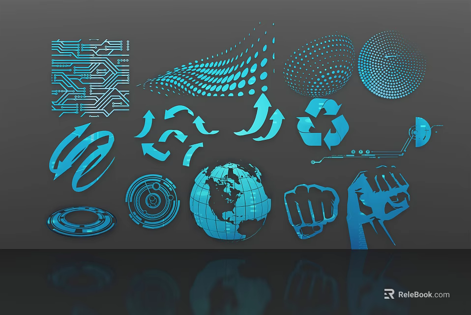 Blue Themed Wall Decor With Circuit Board Wave Sphere Recycle Symbol Fist And Globe Elements 3d model 