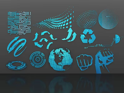 Blue Themed Wall Decor With Circuit Board Wave Sphere Recycle Symbol Fist And Globe Elements 3d model