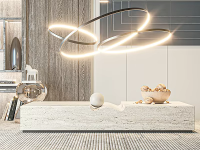 Modern Marble Coffee Table With Decorative Ball Nut Bowl And Hanging Lights 3d model