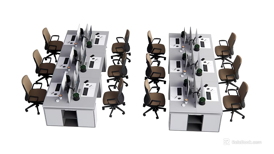 Modern Office Workspace With Multiple Desks Ergonomic Chairs And Potted Plants 3d model 