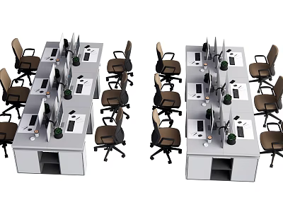 Modern Office Workspace With Multiple Desks Ergonomic Chairs And Potted Plants 3d model