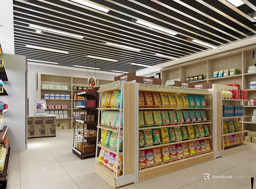 Well Organized Supermarket Department Store Interior With Striped Ceiling And Shelves Of Assorted Products 3d model 