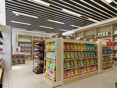Well Organized Supermarket Department Store Interior With Striped Ceiling And Shelves Of Assorted Products 3d model
