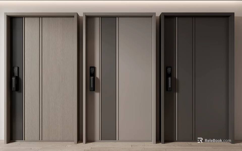 Three Modern Hinged Doors With Light Wood Gray Dark Gray Vertical Panel And Black Handles 3d model 