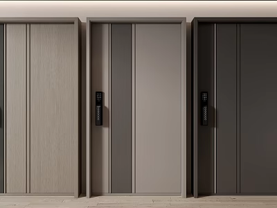 Three Modern Hinged Doors With Light Wood Gray Dark Gray Vertical Panel And Black Handles 3d model