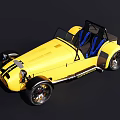 Yellow Vintage Convertible Roadster With Blue Seats Black Stripes And Black Wheels