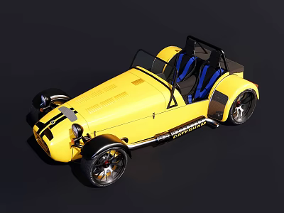 Yellow Vintage Convertible Roadster With Blue Seats Black Stripes And Black Wheels 3d model