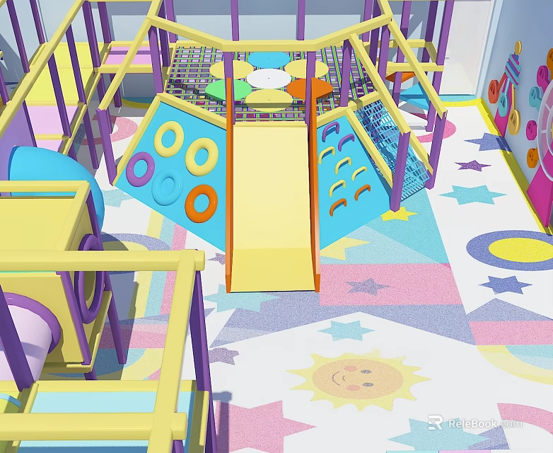 Indoor Playground Equipment With Slide Climbing Net And Colorful Floor Mat Design 3d model 