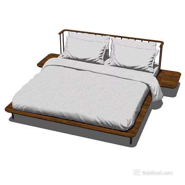 Modern Wooden Frame Double Bed With Metal Headboard White Sheets And Wooden Side Platforms 3d model 