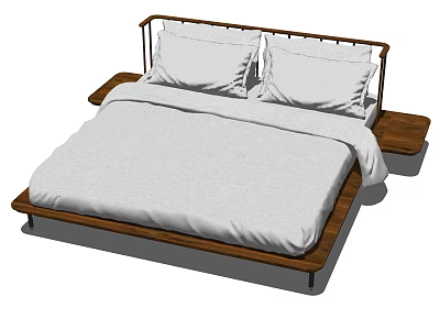 Modern Wooden Frame Double Bed With Metal Headboard White Sheets And Wooden Side Platforms 3d model