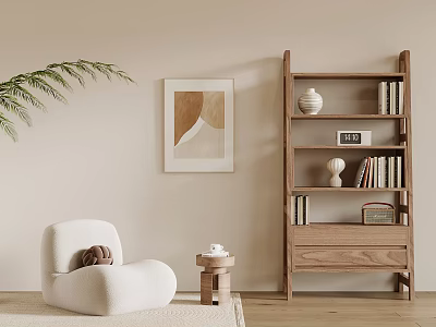 White Single Sofa In Minimalist Interior With Abstract Art Wooden Bookshelf And Green Plant 3d model