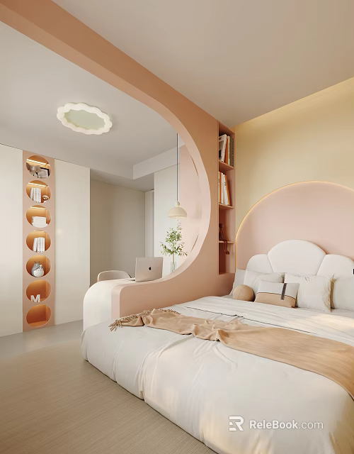 Modern Elegant Bedroom With Pink Curved Headboard White Bed Bookshelf Desk Pendant Light Round Mirror 3d model 