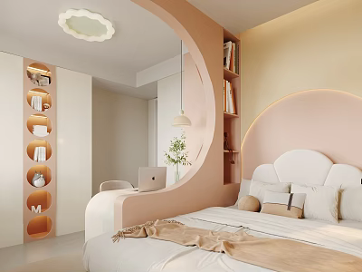 Modern Elegant Bedroom With Pink Curved Headboard White Bed Bookshelf Desk Pendant Light Round Mirror 3d model