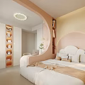 Modern Elegant Bedroom With Pink Curved Headboard White Bed Bookshelf Desk Pendant Light Round Mirror