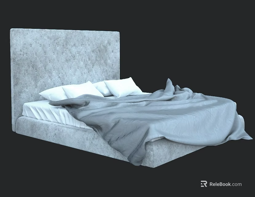 Modern Double Bed With Gray Upholstered Headboard White Pillows And Soft Blanket 3d model