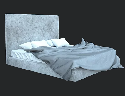 Modern Double Bed With Gray Upholstered Headboard White Pillows And Soft Blanket 3d model
