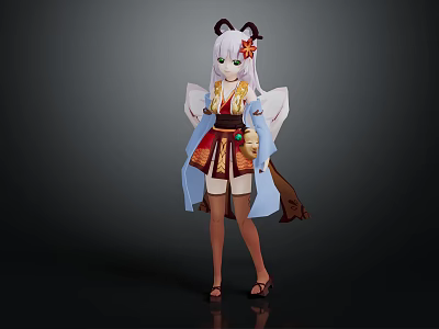 Anime Style Character With Horned Head In Traditional Kimono Inspired Outfit Red Gold Details 3d model