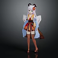 Anime Style Character With Horned Head In Traditional Kimono Inspired Outfit Red Gold Details
