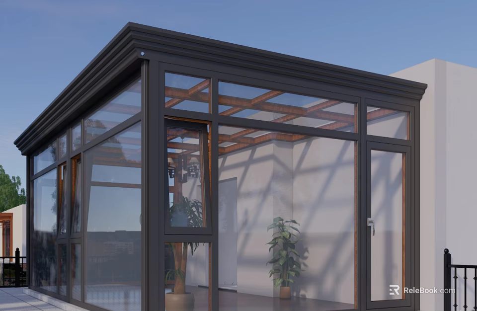 Black Frame Glass Sunroom With Wooden Roof And Indoor Plants On Patio 3d model 