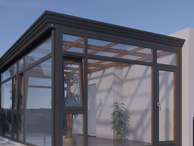 Black Frame Glass Sunroom With Wooden Roof And Indoor Plants On Patio 3d model
