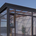 Black Frame Glass Sunroom With Wooden Roof And Indoor Plants On Patio