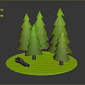 Green Coniferous Trees And Brown Log On Round Green Platform 3D Rendering With Gray Background 3d model