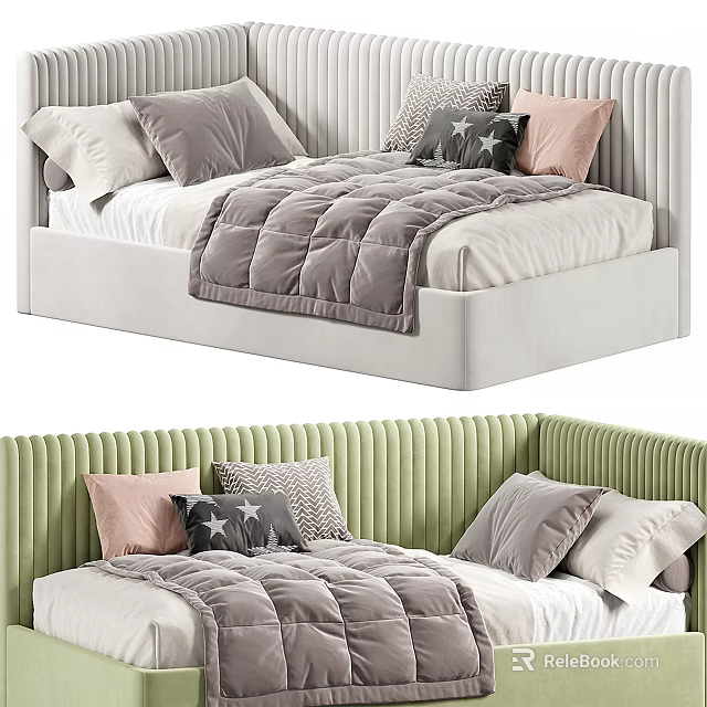 Modern Single Bed With Ribbed Headboard Gray Comforter And Pink Gray Star Patterned Pillows 3d model