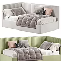 Modern Single Bed With Ribbed Headboard Gray Comforter And Pink Gray Star Patterned Pillows 3d model