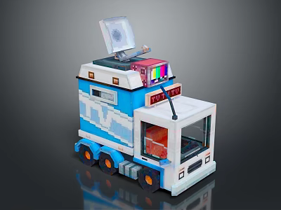 Block Style Blue And White Vehicle Featuring Transparent Top Colorful Display And Orange Wheels 3d model