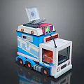 Block Style Blue And White Vehicle Featuring Transparent Top Colorful Display And Orange Wheels